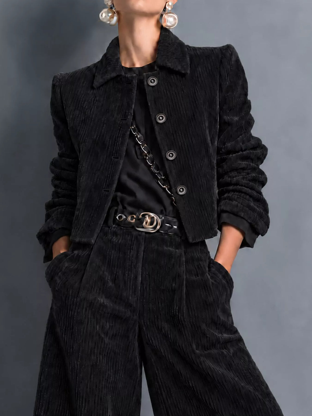 Corduroy Button Up Blazer and Pants Set, detail view in black