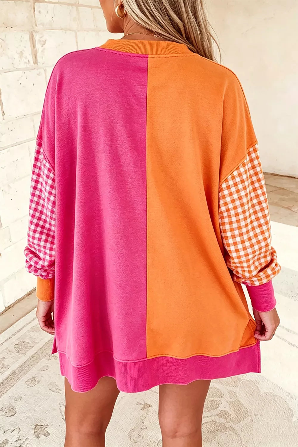 Trendsi Colorblock Gingham Sleeve Crewneck Sweatshirt -