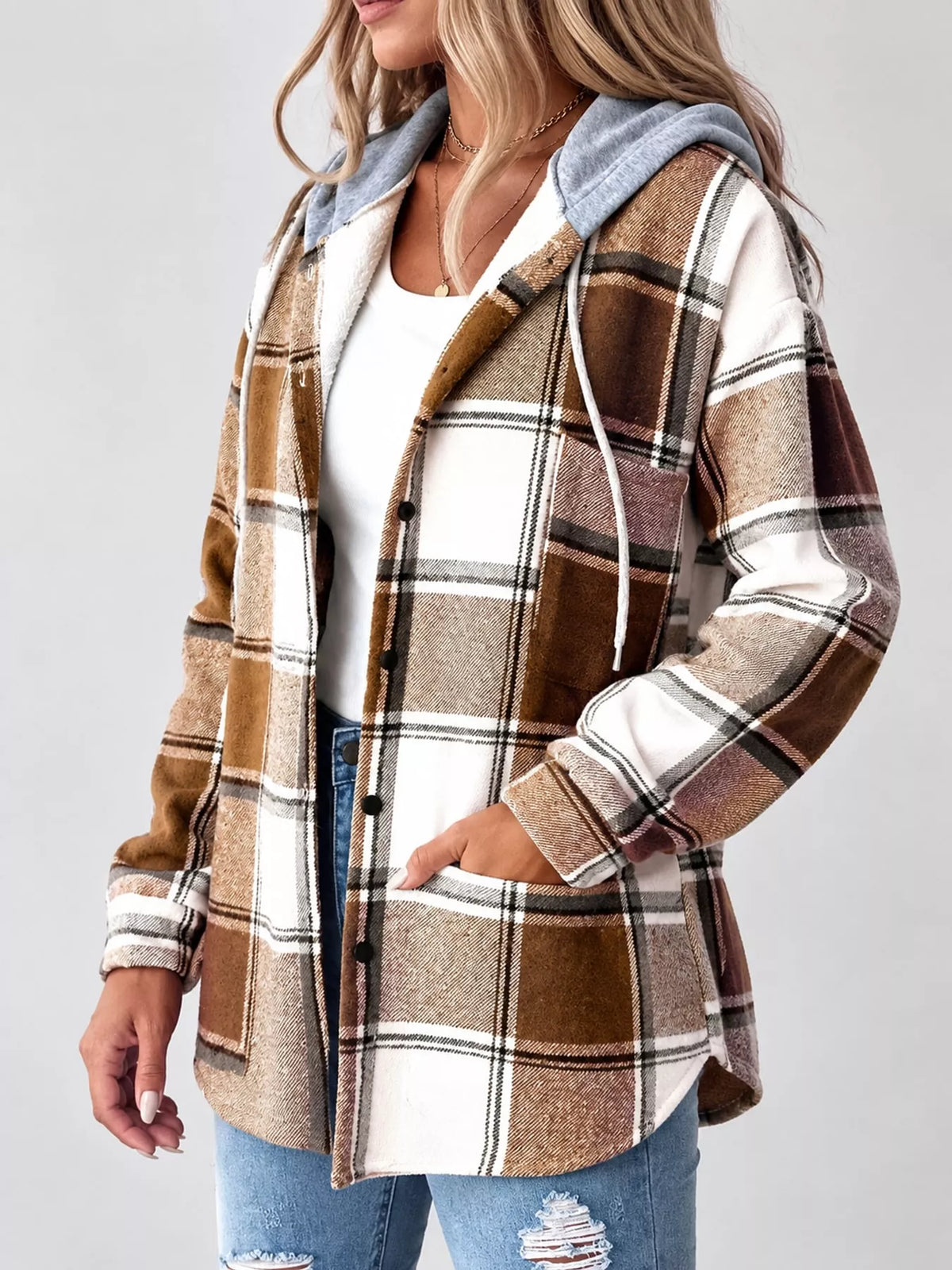 Button-Down Printed Contrast Hooded Shacket — side view