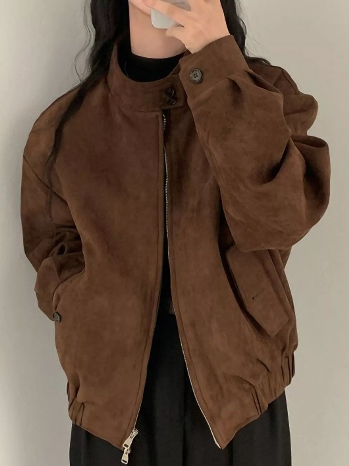 Stand-collar jacket, brown front