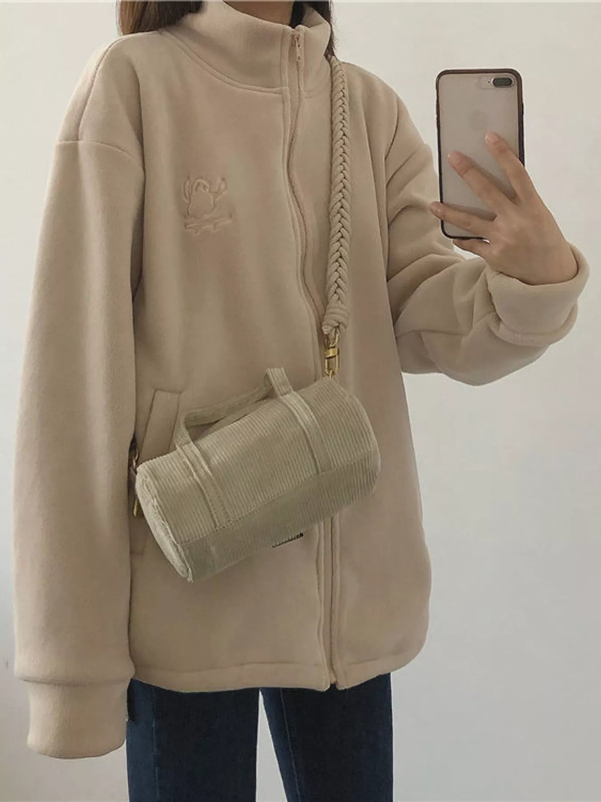 Apricot fleece stand-collar zip-up jacket