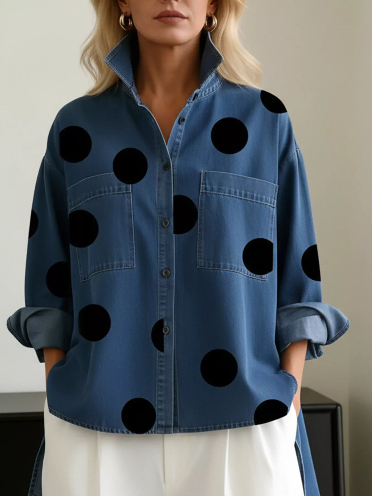 Polka Dot Oversized Denim Look Shirt in blue, front view