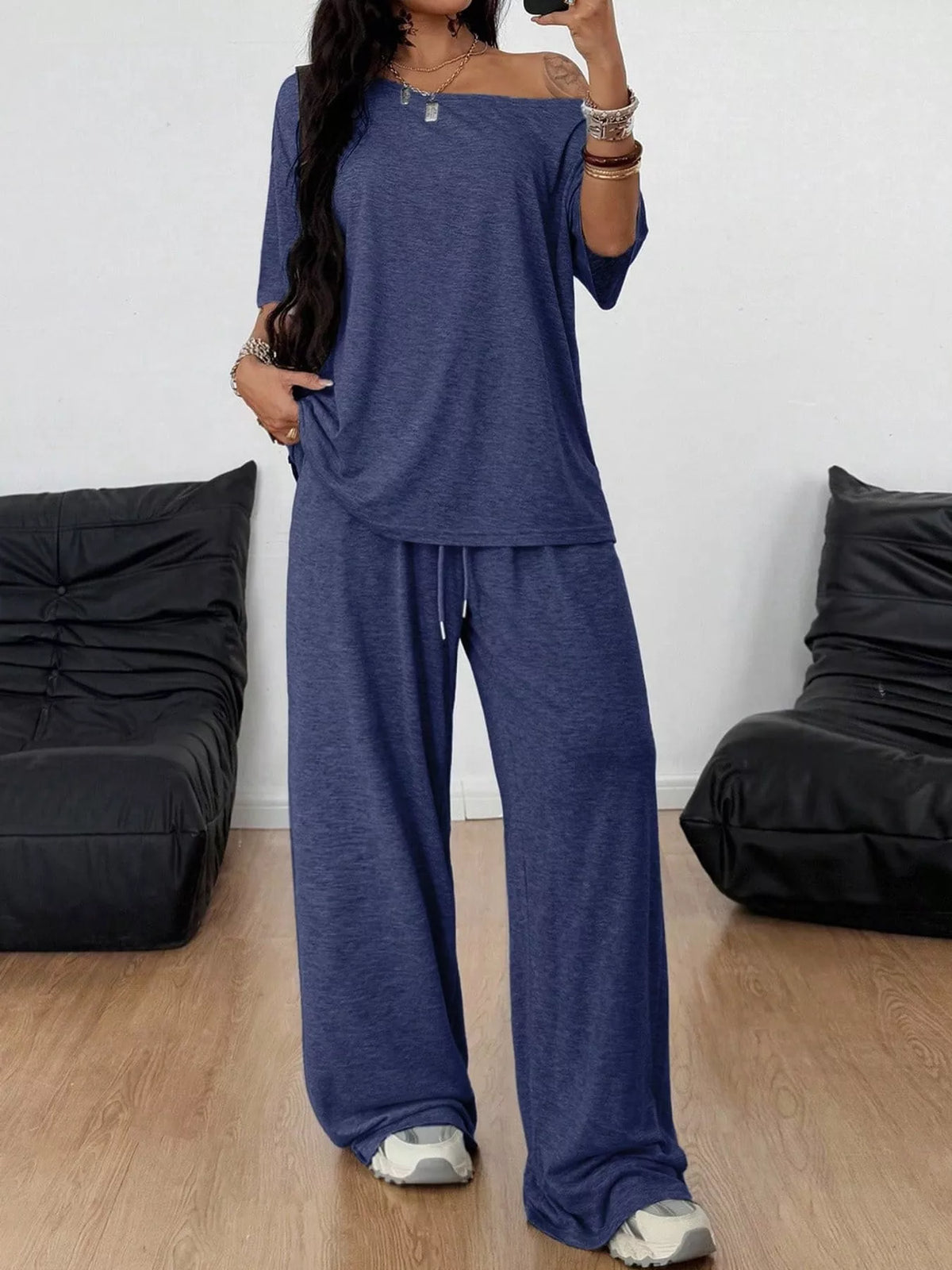 Navy boat neck top and wide-leg pants set — front view
