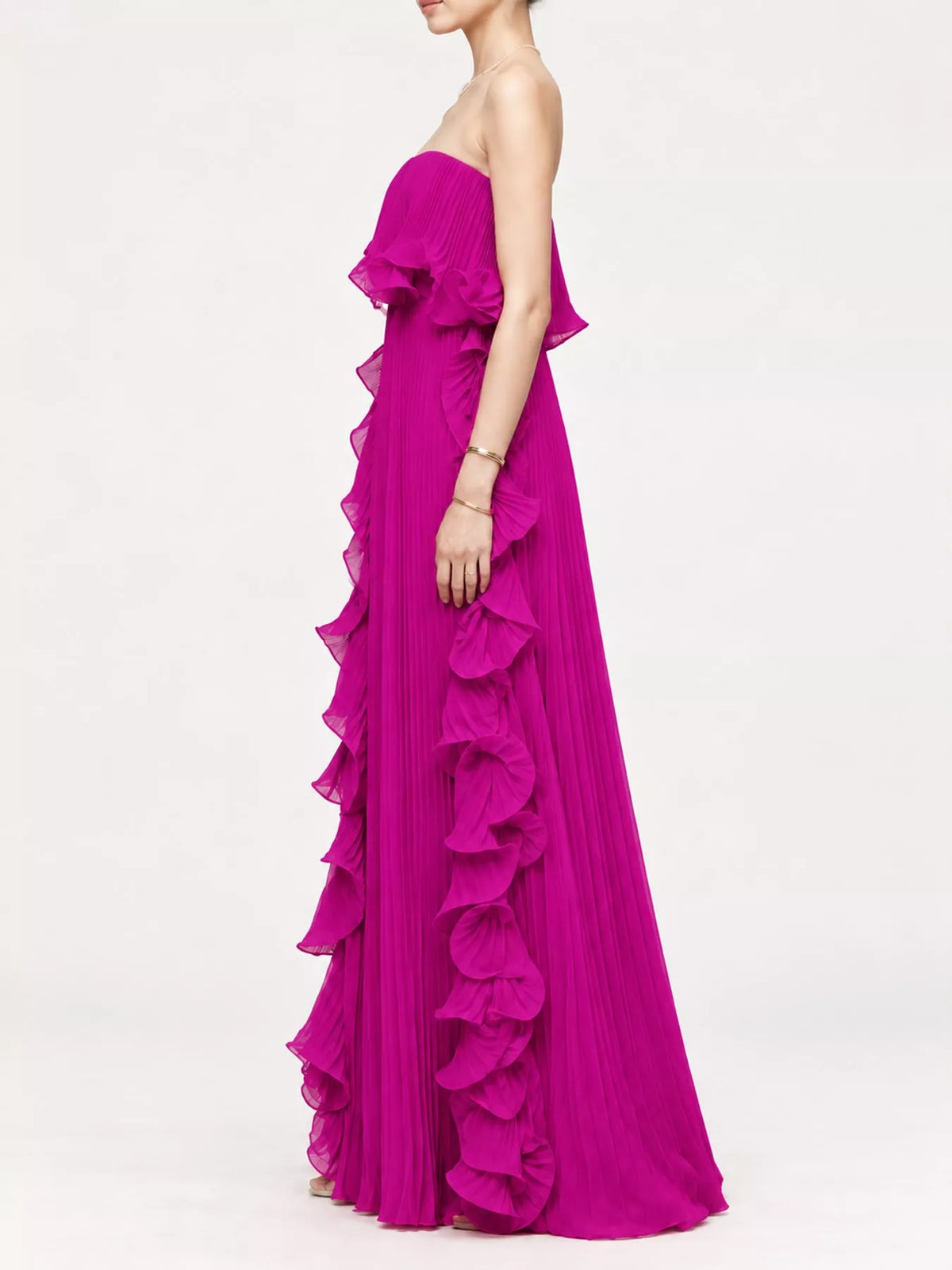 Ruffled Strapless Pleated Maxi Dress — side view
