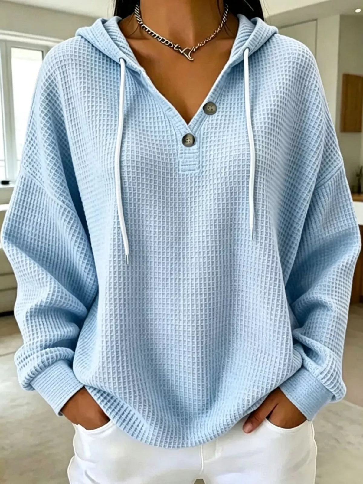 Waffle-knit hoodie, light blue front