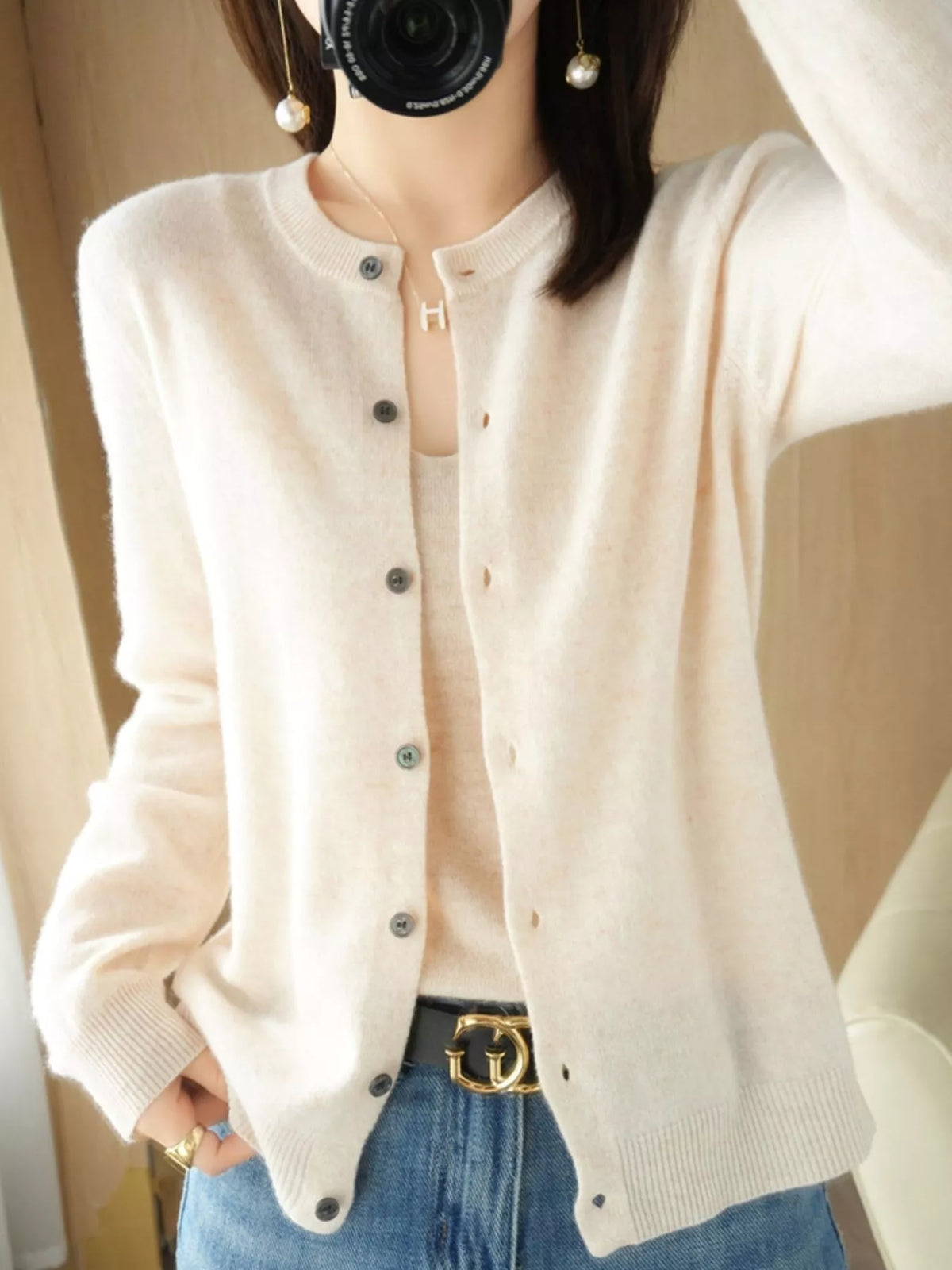 Ivory crew neck button-front cardigan
