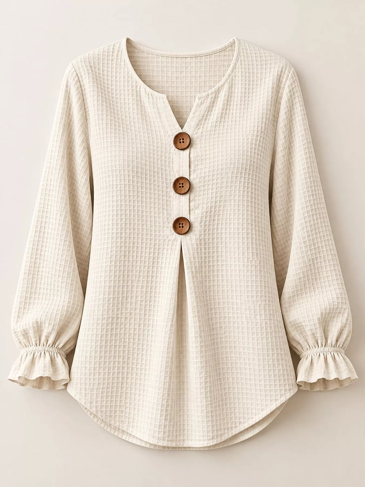 Women's Waffle Knit Flounce Sleeve Blouse in cream — flat lay view