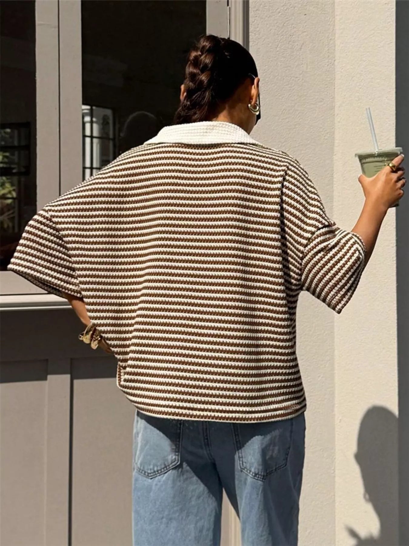 Trendsi Striped Knit 3/4 Sleeve Polo Top -