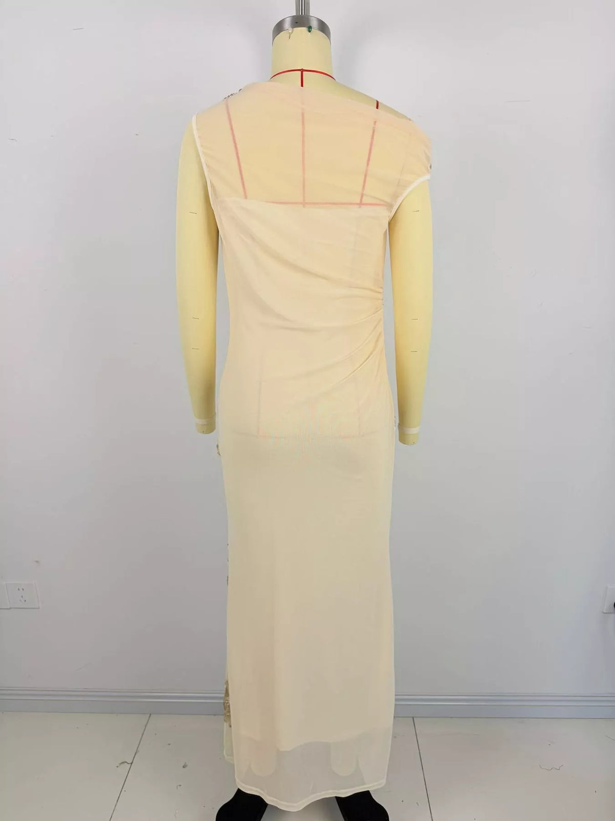 Apricot floral one-shoulder maxi dress, back on mannequin