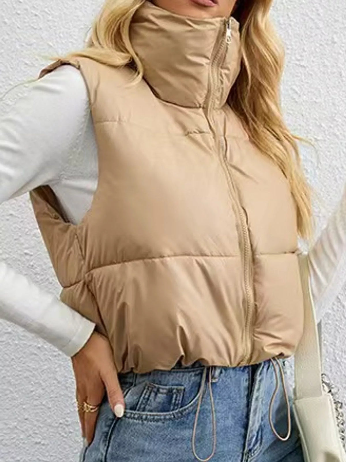 Cropped Zip-Up Puffer Vest in khaki, front view