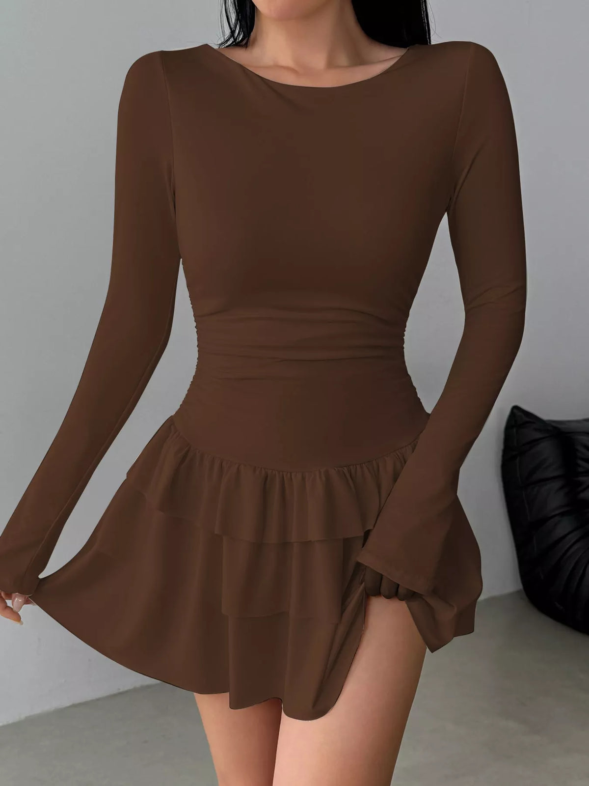 Brown layered ruffle mini dress