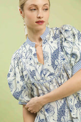 Trendsi Umgee Mixed Print Puff Sleeve Split Neck Top -