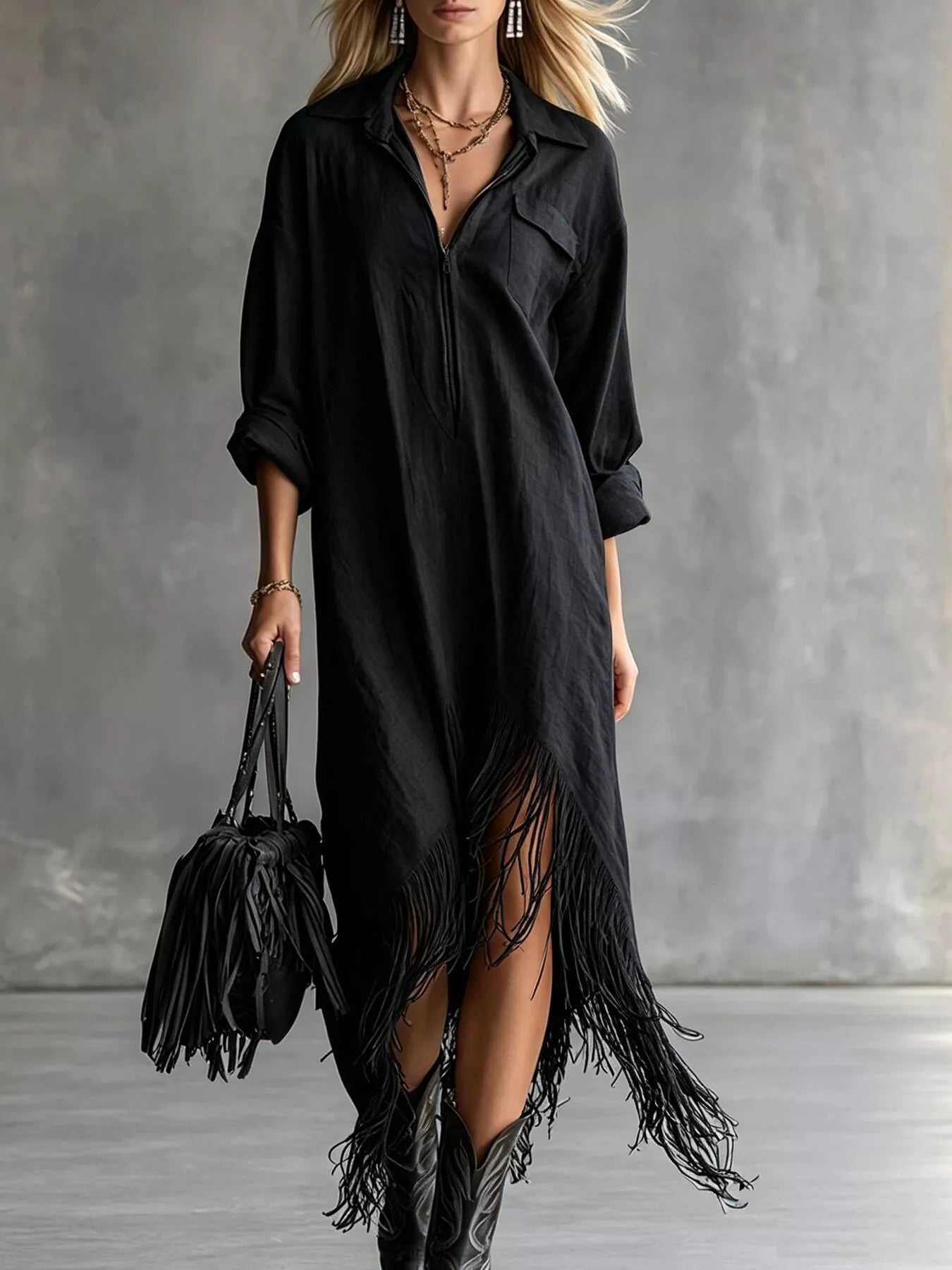 Trendsi Fringe Hem Zip-Up Shirt Dress -
