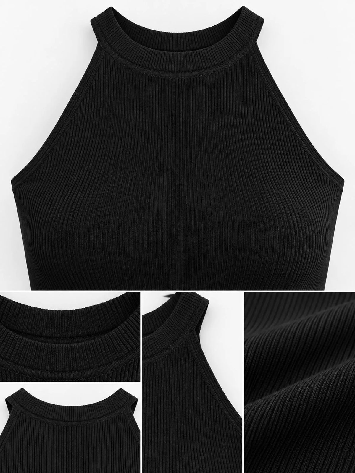 Black sleeveless mock neck ribbed knit tank top, detail view