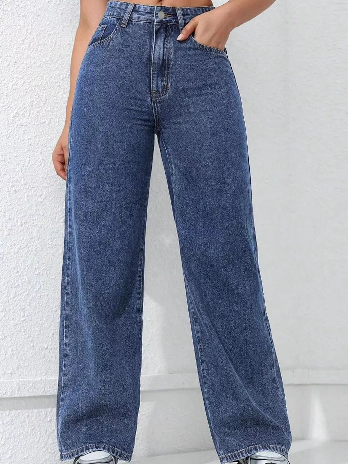 Blue high waisted wide leg jeans, front view