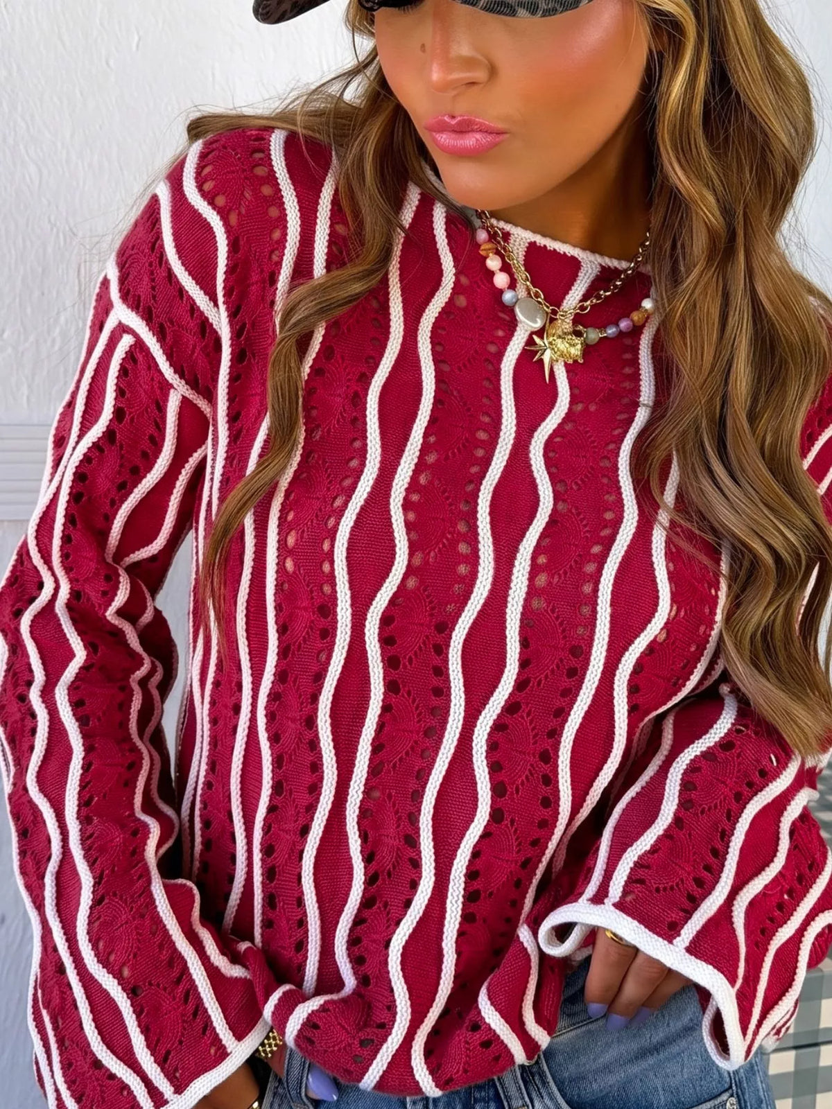 Burgundy wavy openwork long sleeve cotton sweater