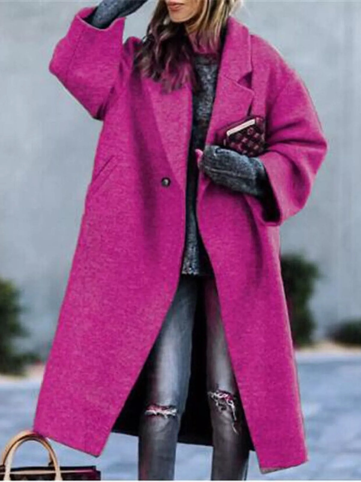 Pink lapel collar one button coat
