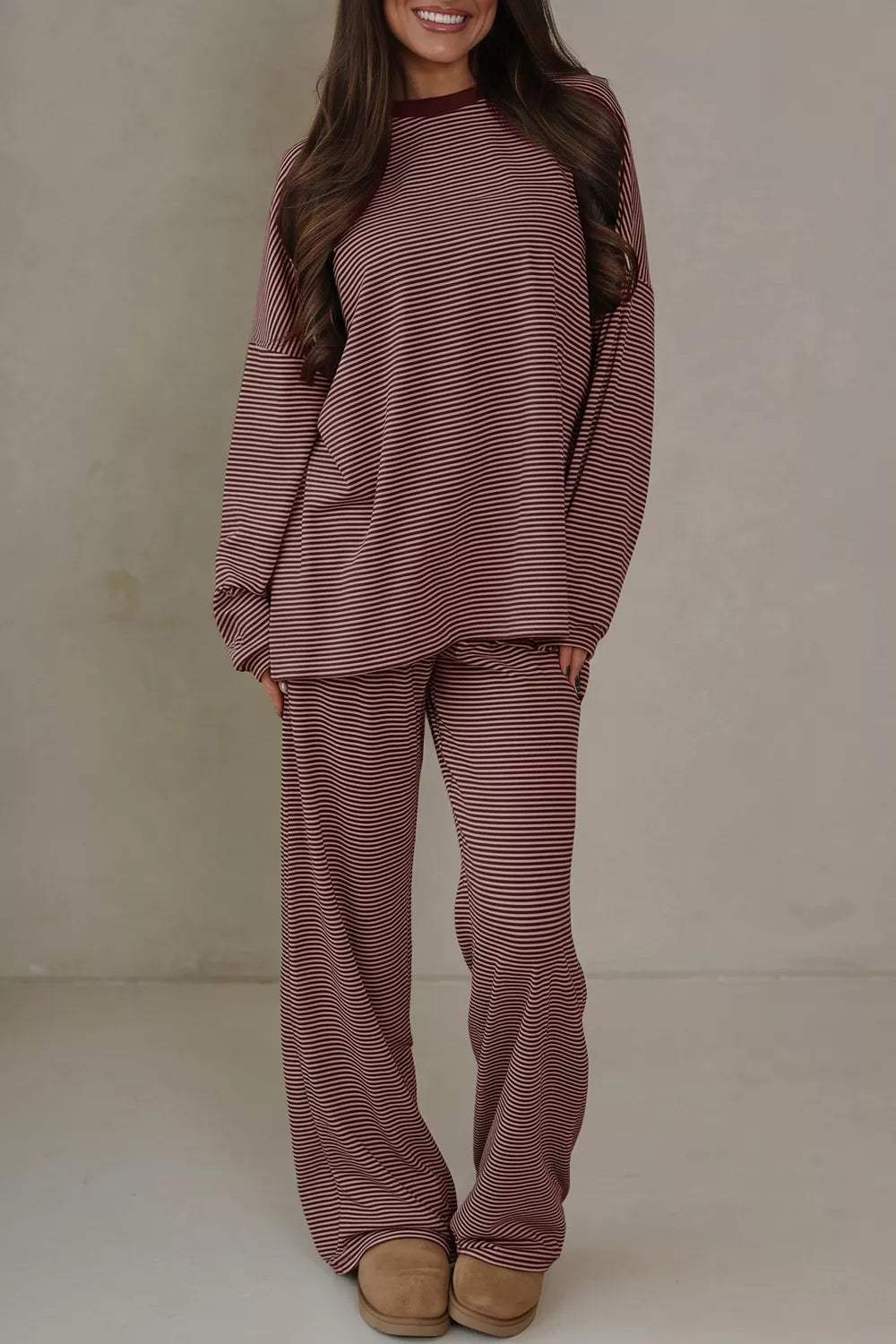 Striped Top and Wide-Leg Pants Set in Brown