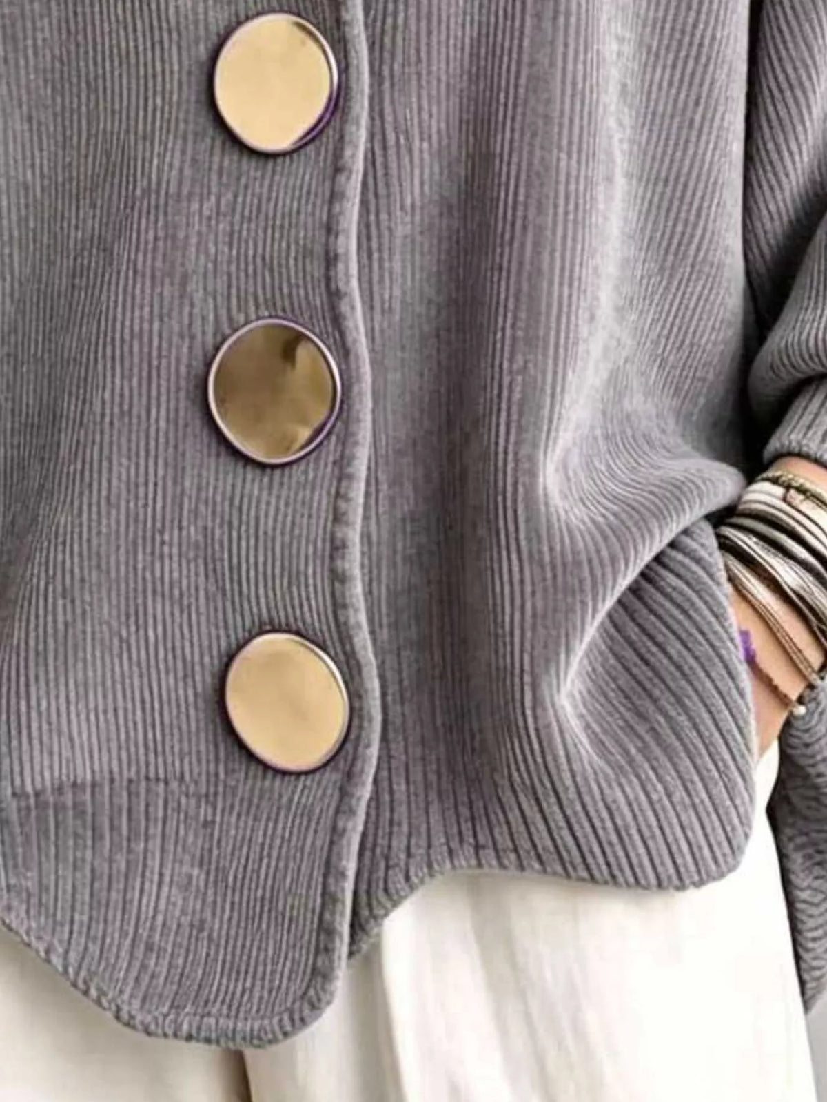 Women's Ribbed Knit Gold Buttons Cardigan in gray — button detail view