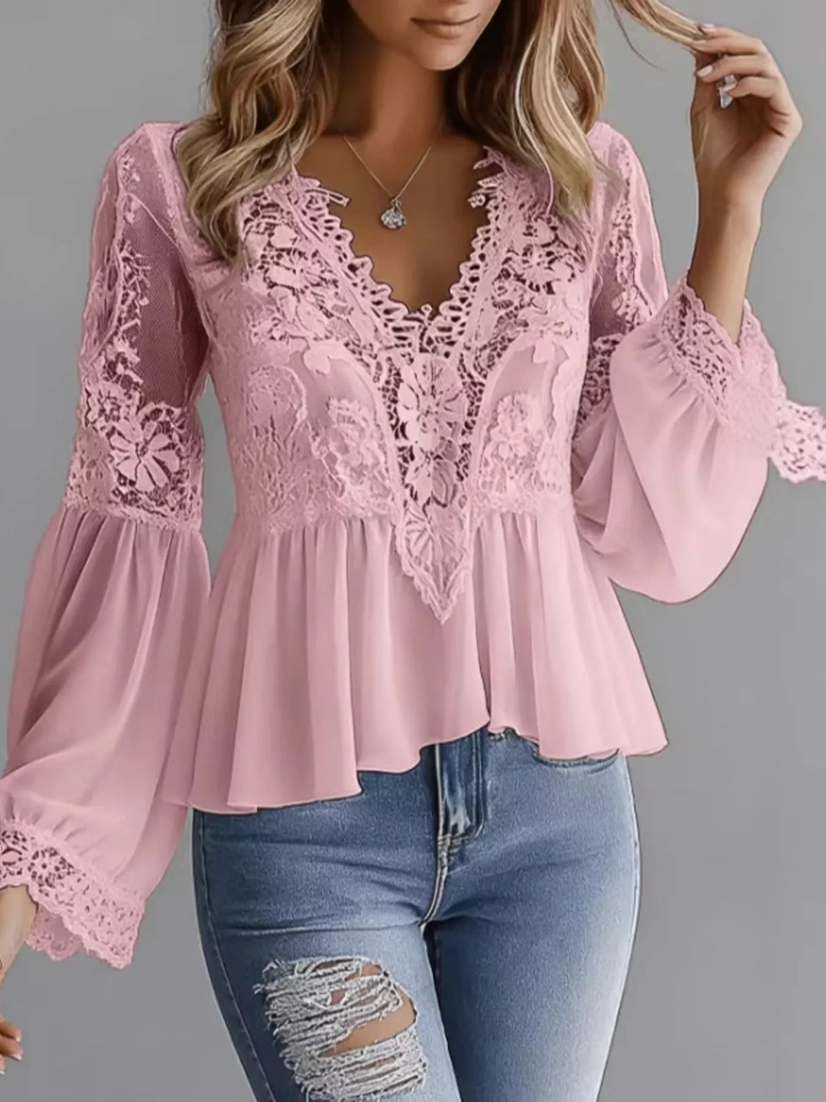 Lace peplum blouse, pink front