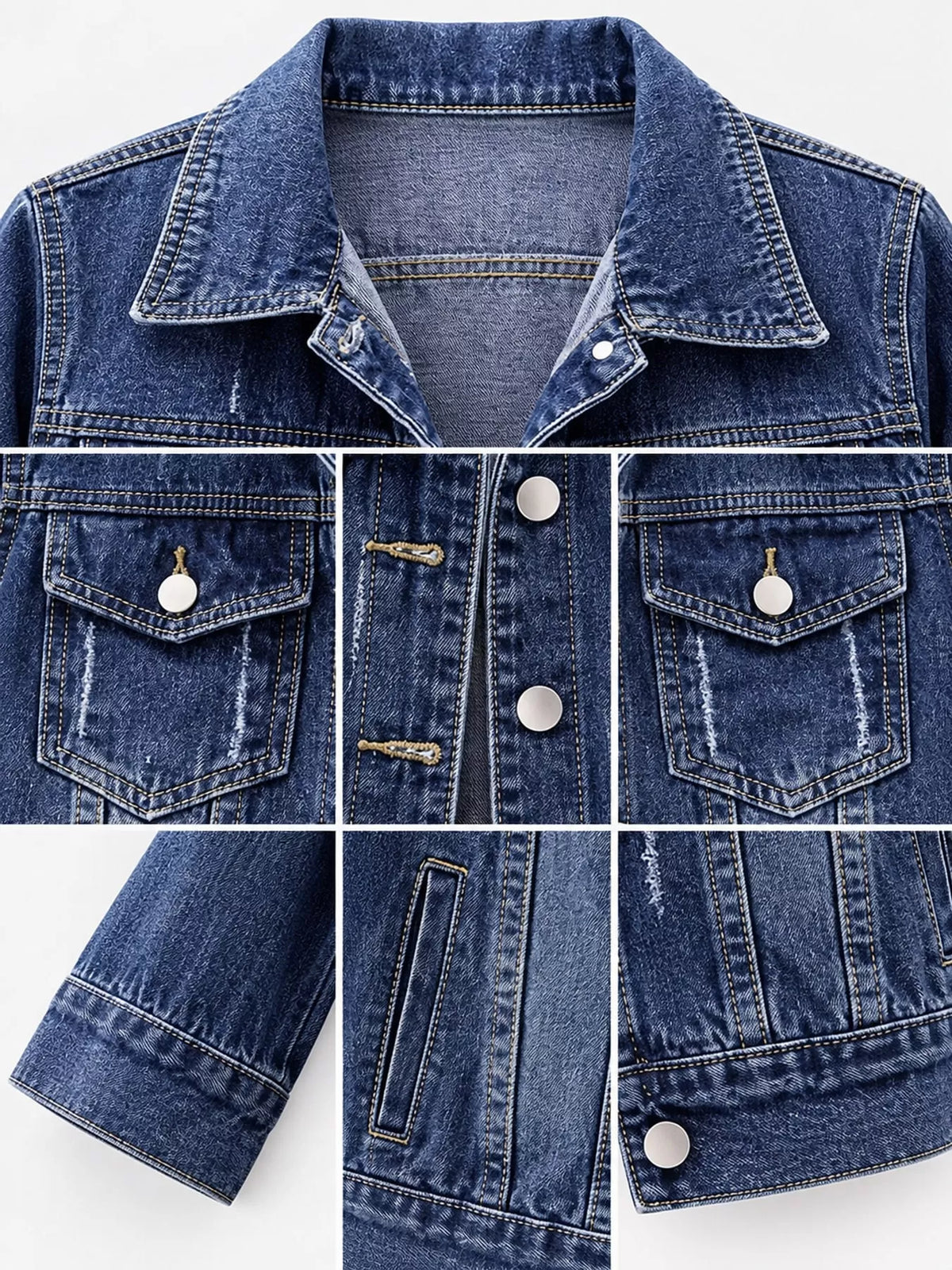 Dark blue washed denim mid-sleeve jacket, collar, flap chest pockets, buttons, cuff, and hem close-ups