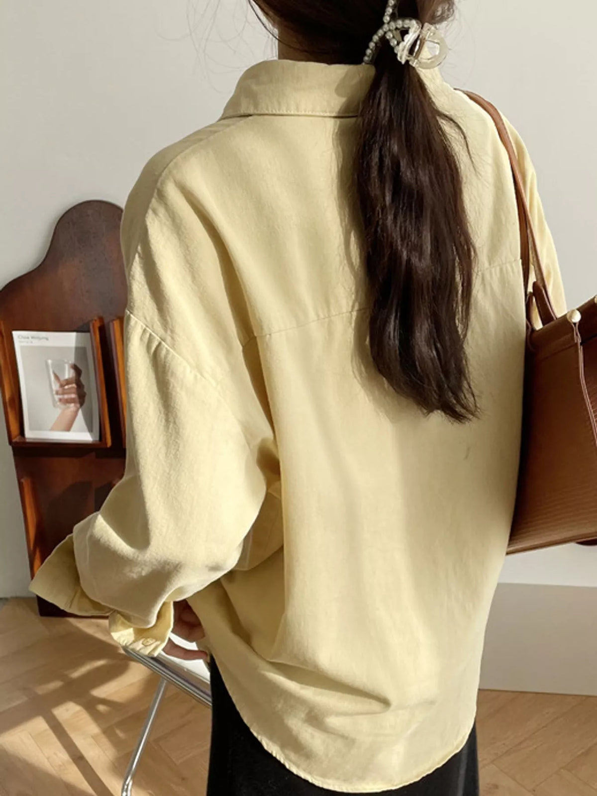 Yellow oversized button-down long sleeve shirt, back view