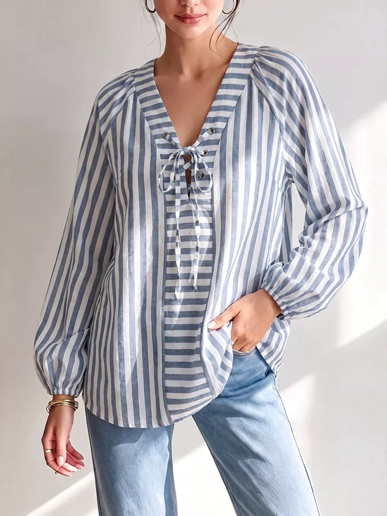 Trendsi Striped Tie Front Long Sleeve Blouse -