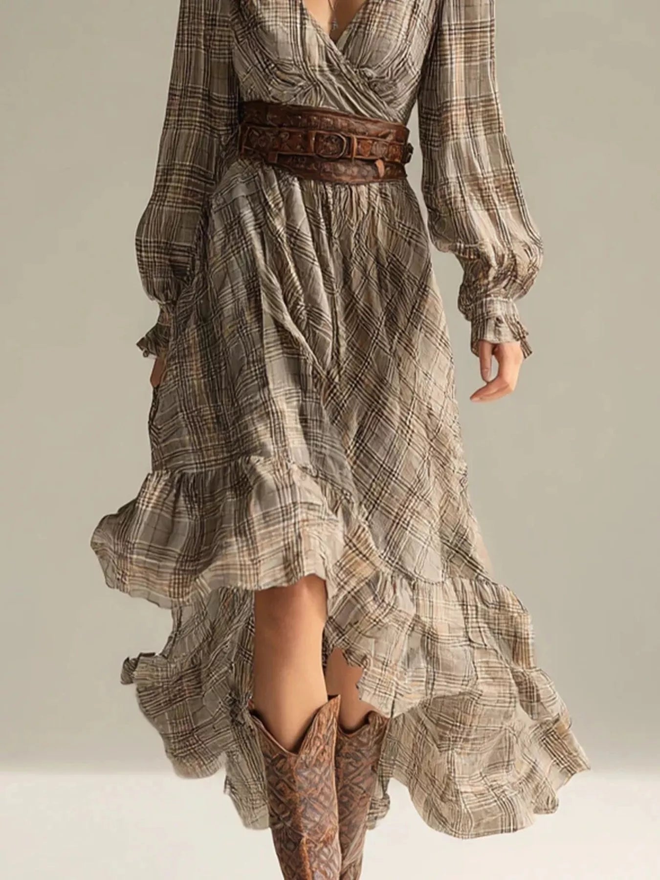 Trendsi Plaid High-Low Long Sleeve Dress -
