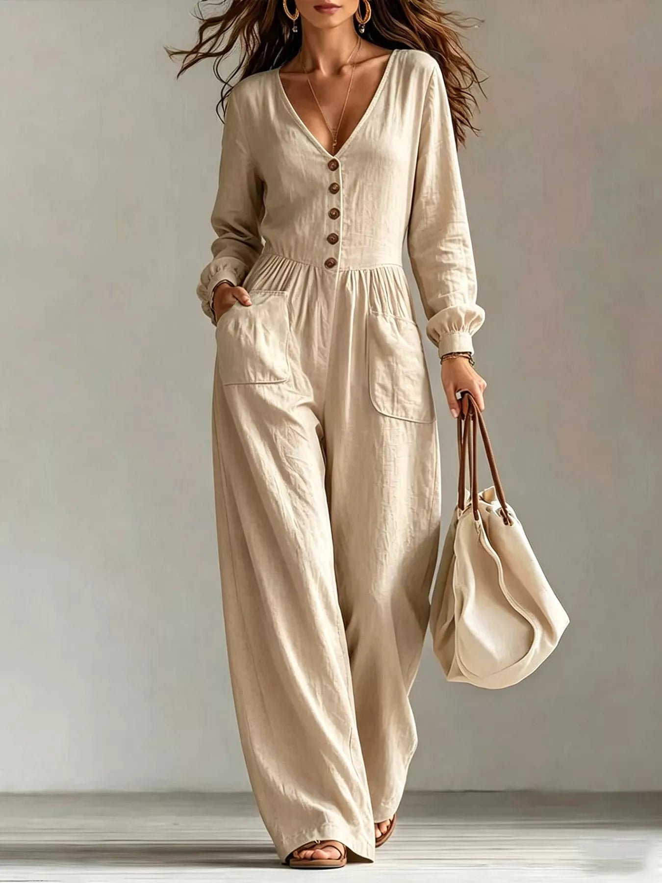 Trendsi V-Neck Long Sleeve Button Front Wide-Leg Jumpsuit -
