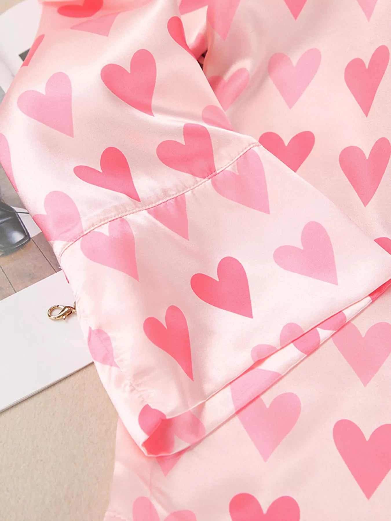 Trendsi Heart Print Button Up Top and Pants Lounge Set -