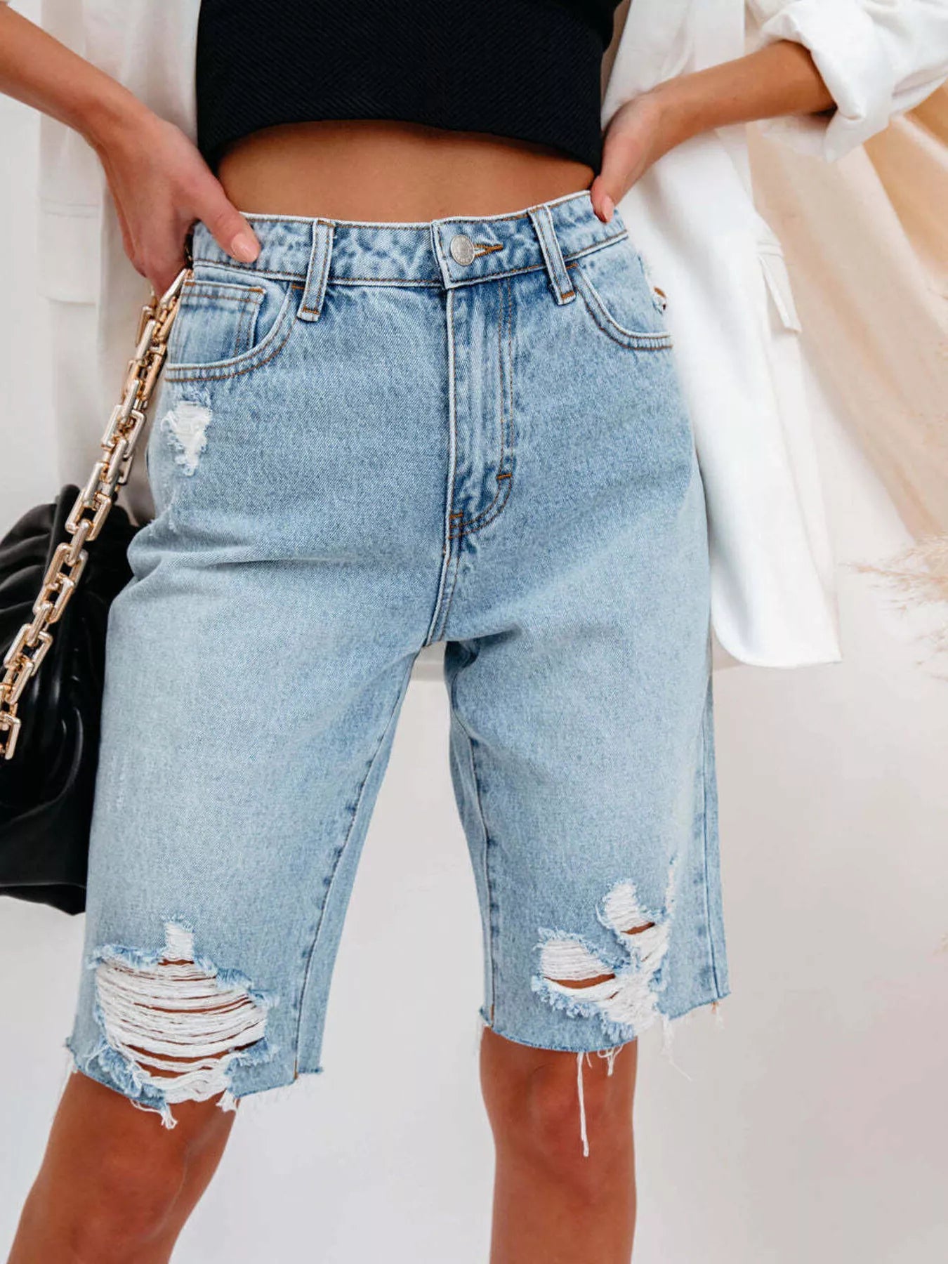 Trendsi High-Waisted Distressed Denim Shorts -