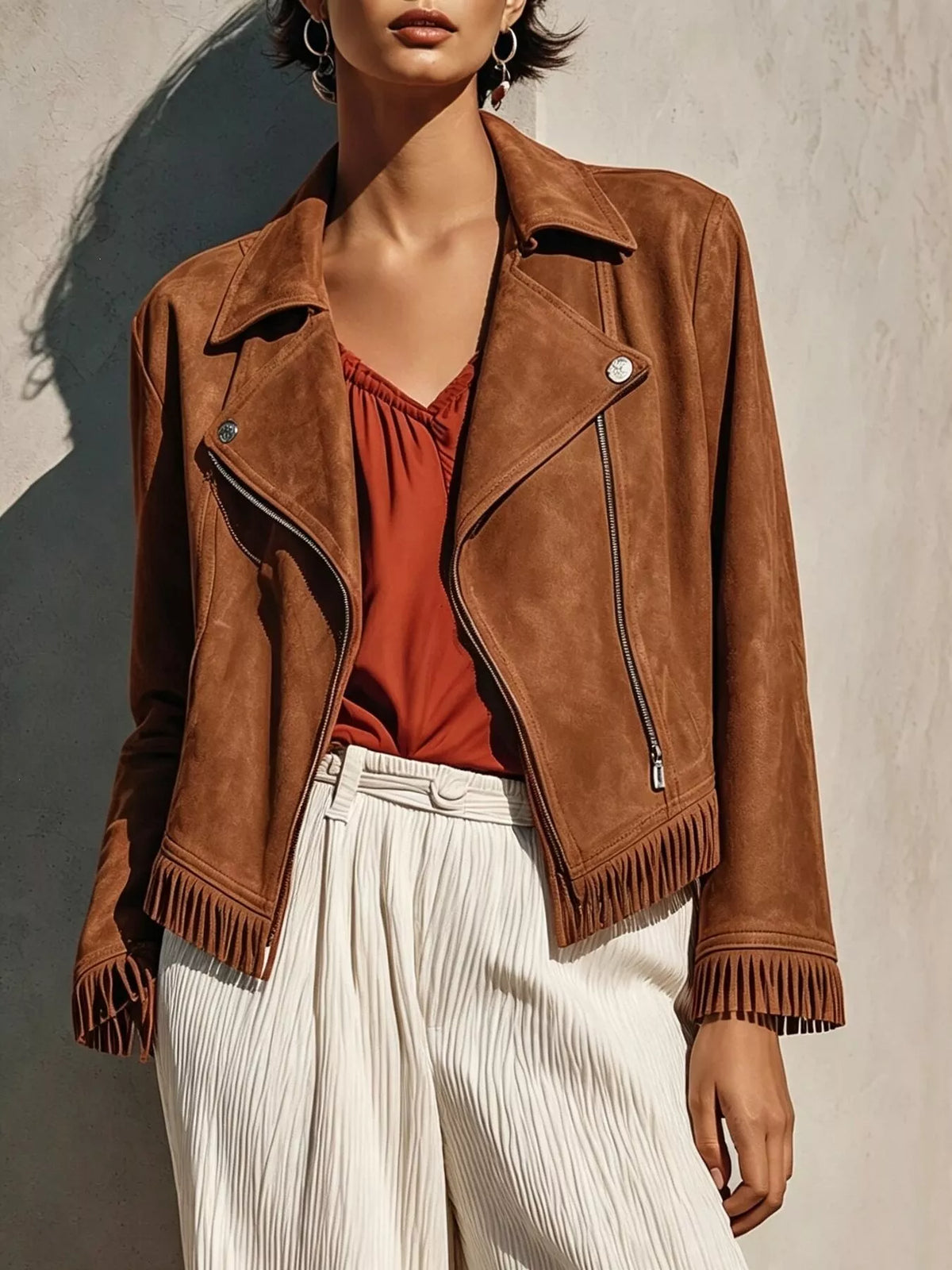 Camel fringe hem zip up jacket