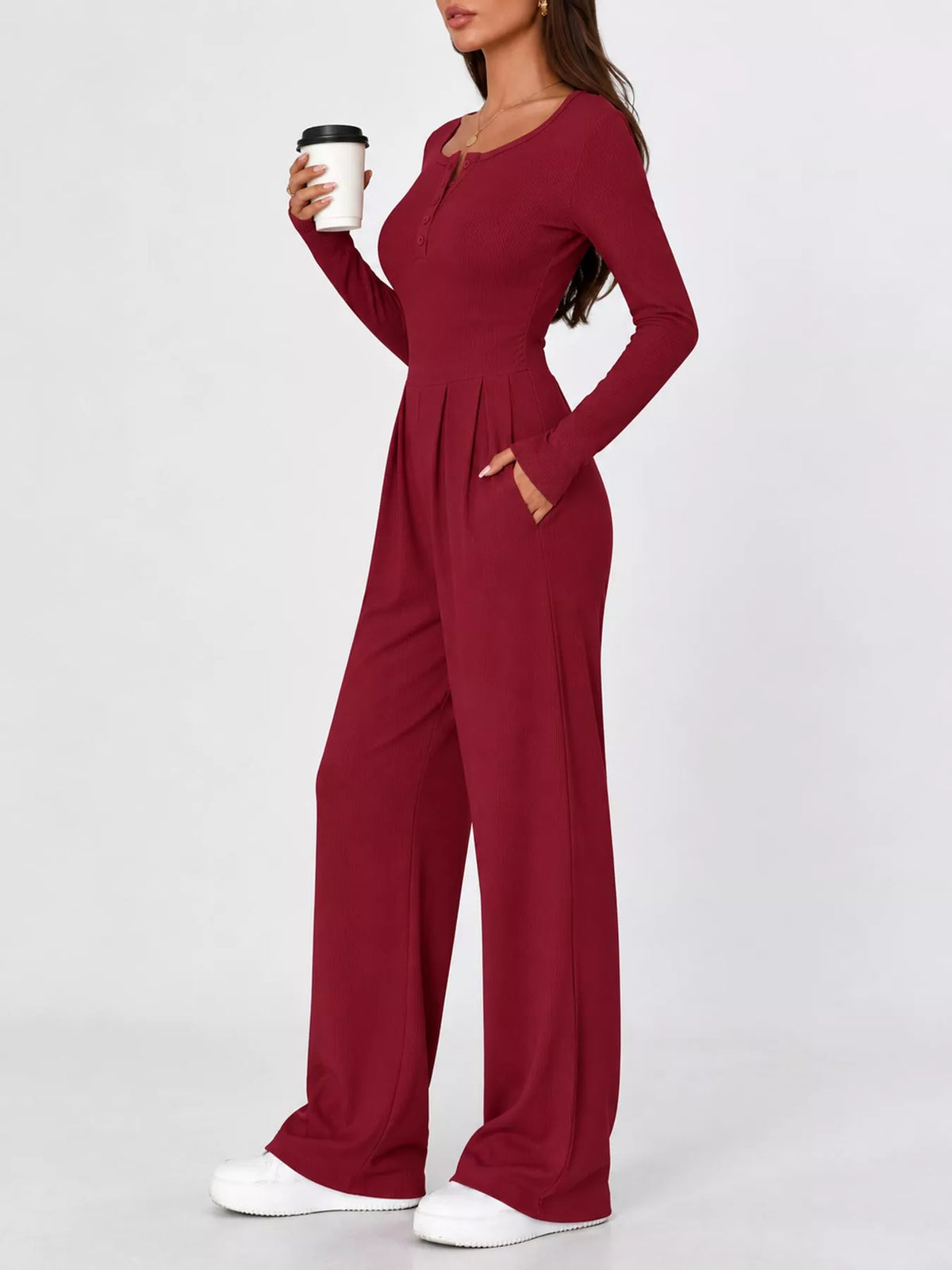 Long Sleeve Ribbed Knit Wide-Leg Jumpsuit — side view