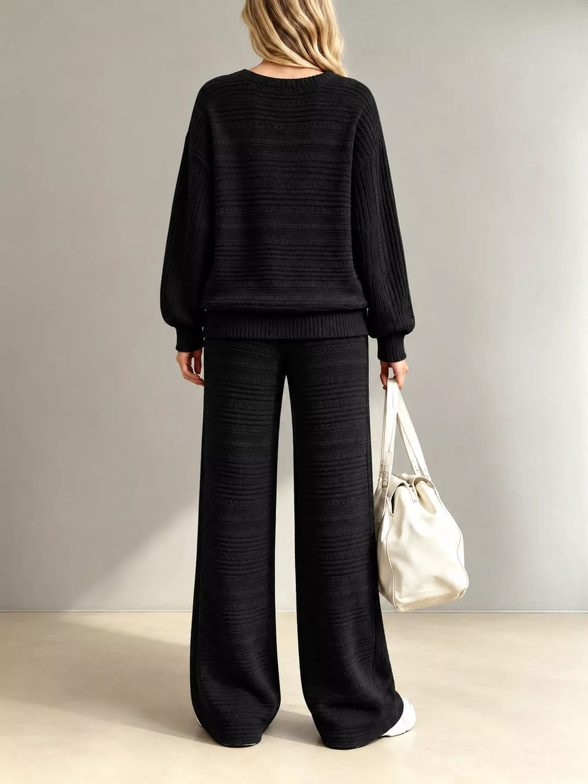 Ribbed Knit Top and Wide-Leg Pants Set — back view