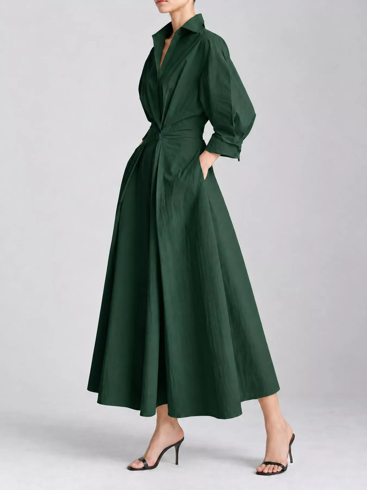 Collared Three-Quarter Sleeve Midi Shirt Dress — side view