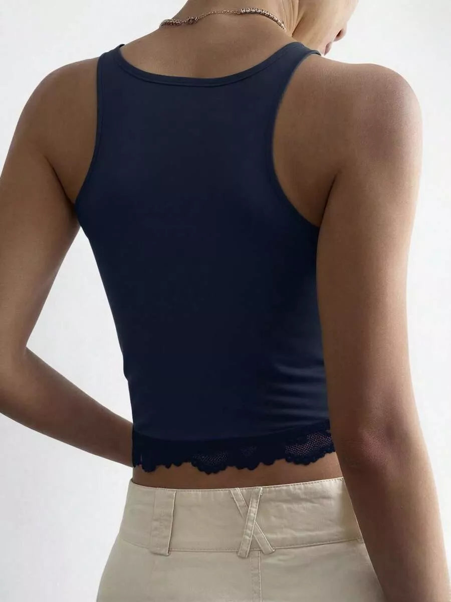 Lace Detail Wide Strap Tank in navy, back view