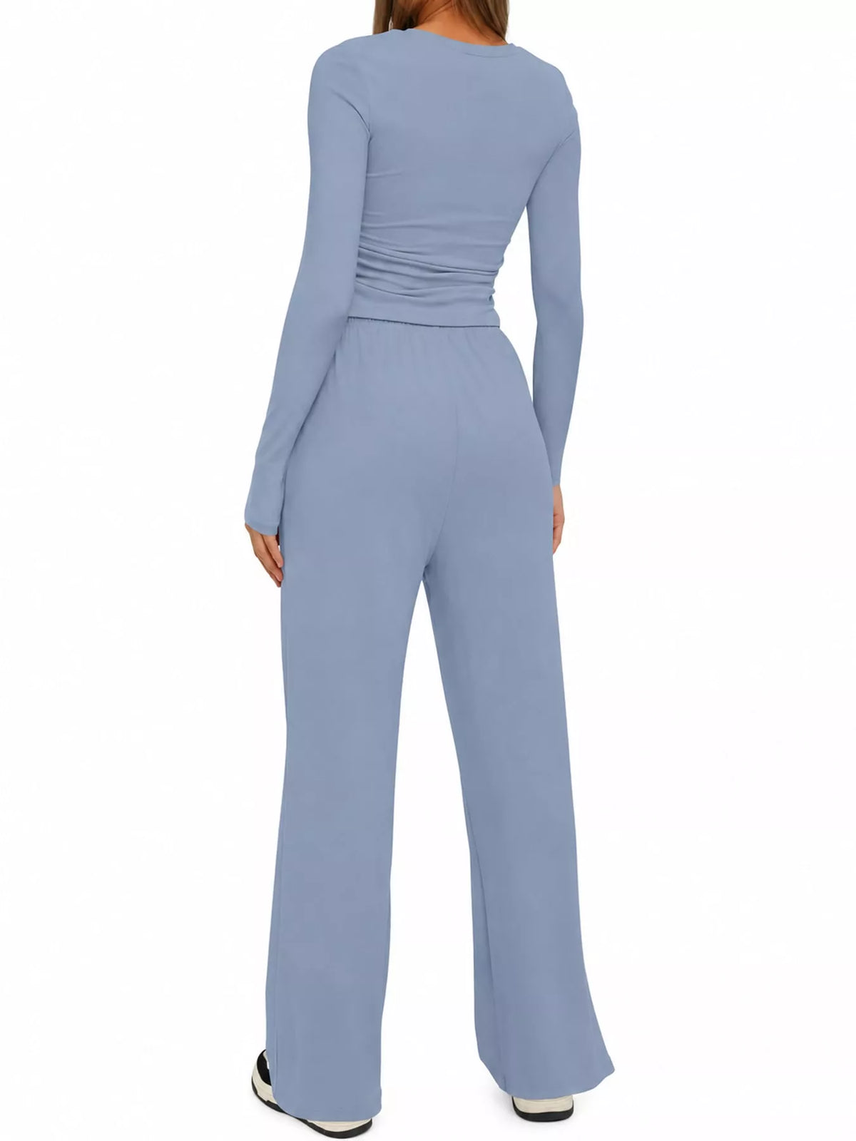 Long Sleeve Top and Wide-Leg Drawstring Pants Set — back view