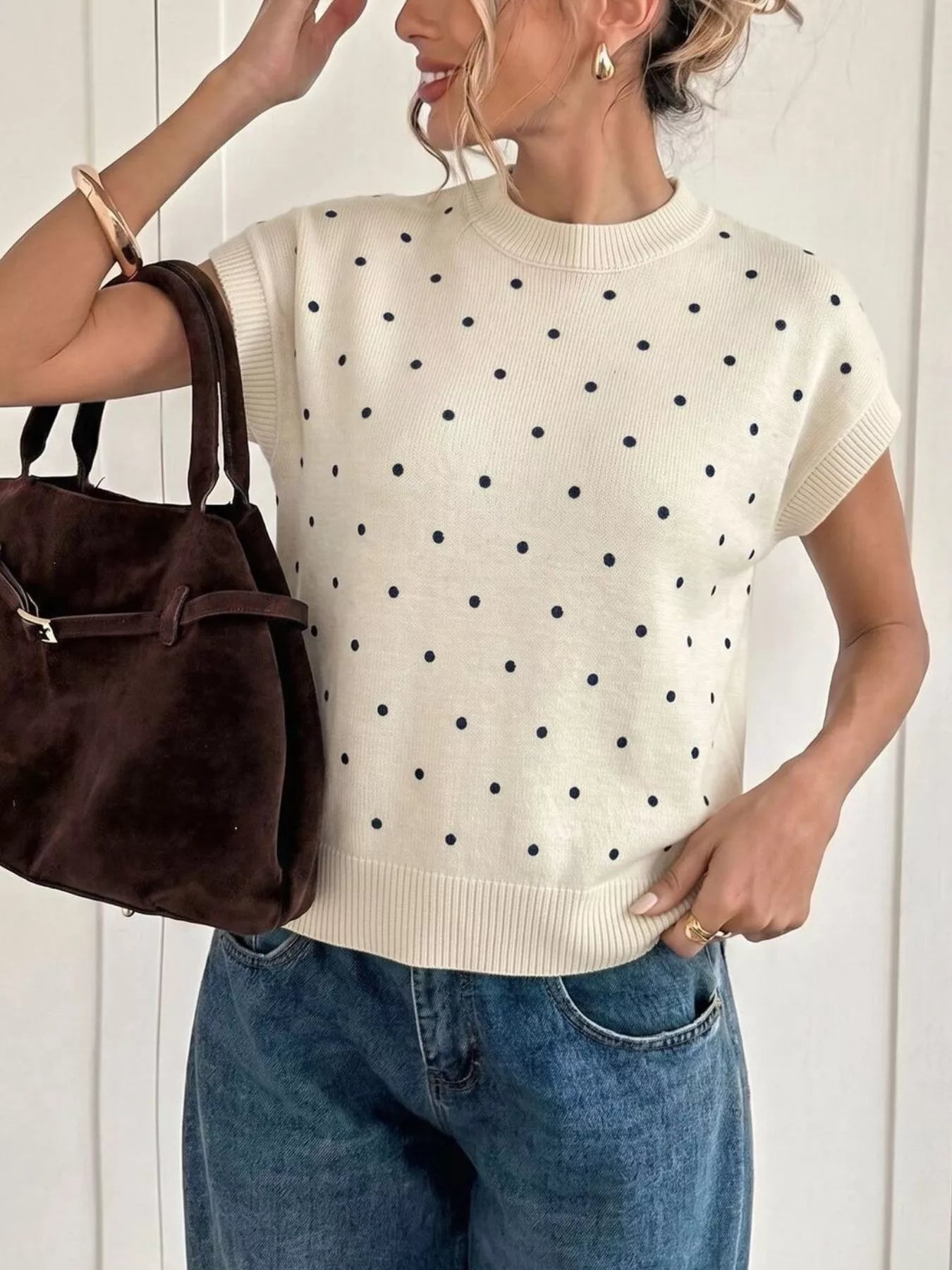 Trendsi Polka Dot Short Sleeve Knit Sweater -