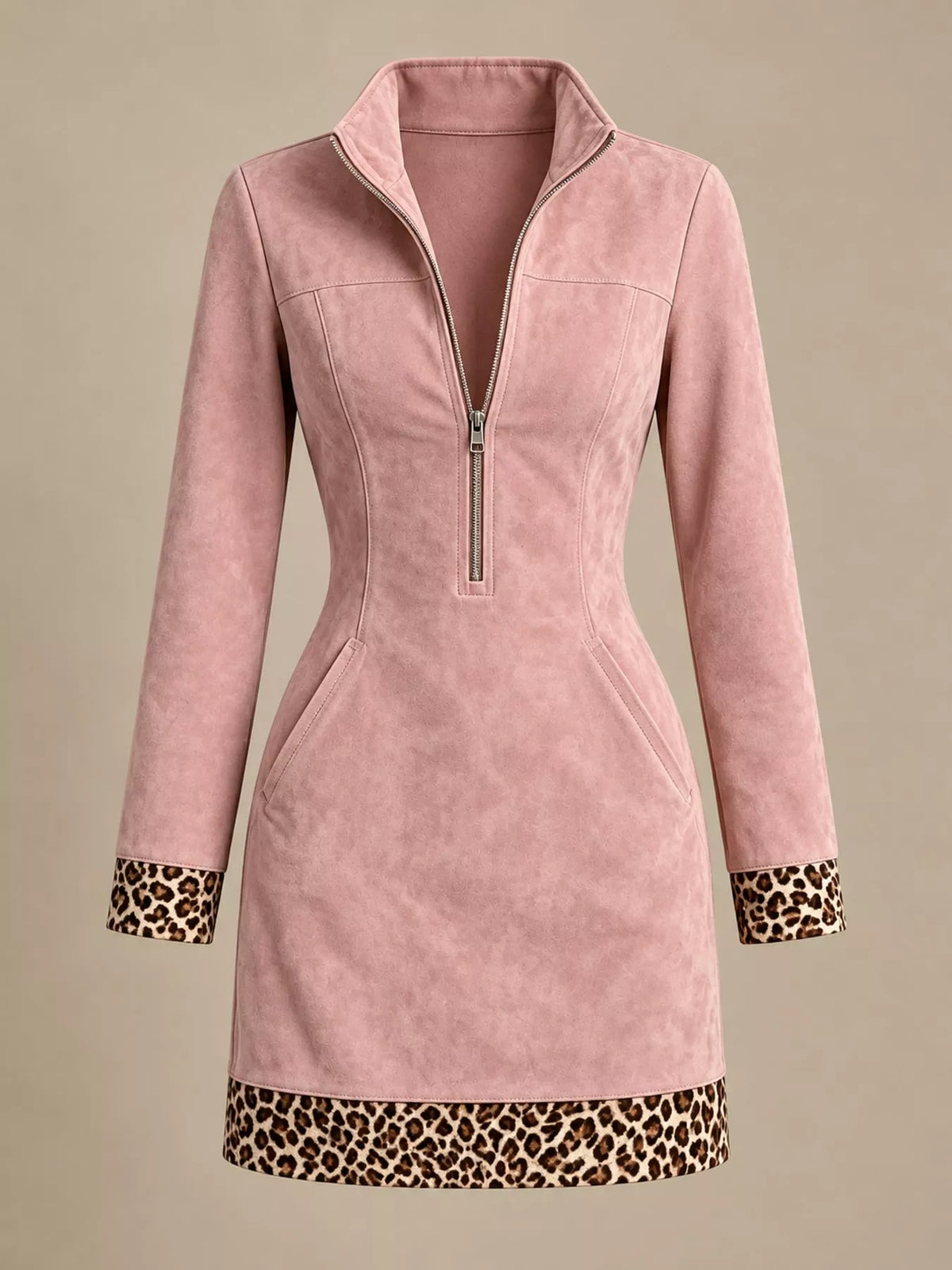 Leopard Trim Half-Zip Mini Dress — garment front