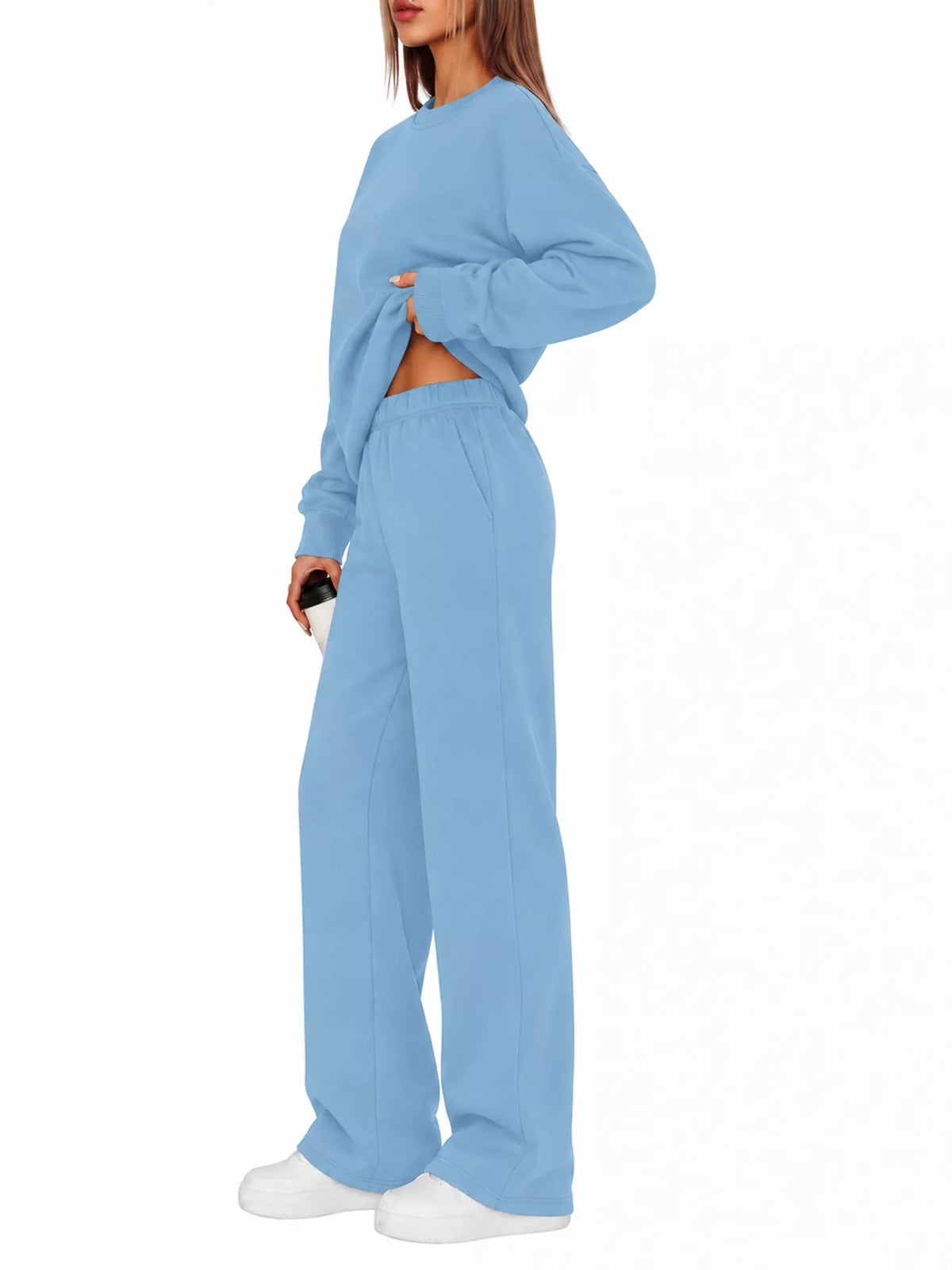 Crewneck Drop Shoulder Sweatshirt and Wide-Leg Pants Set — side view