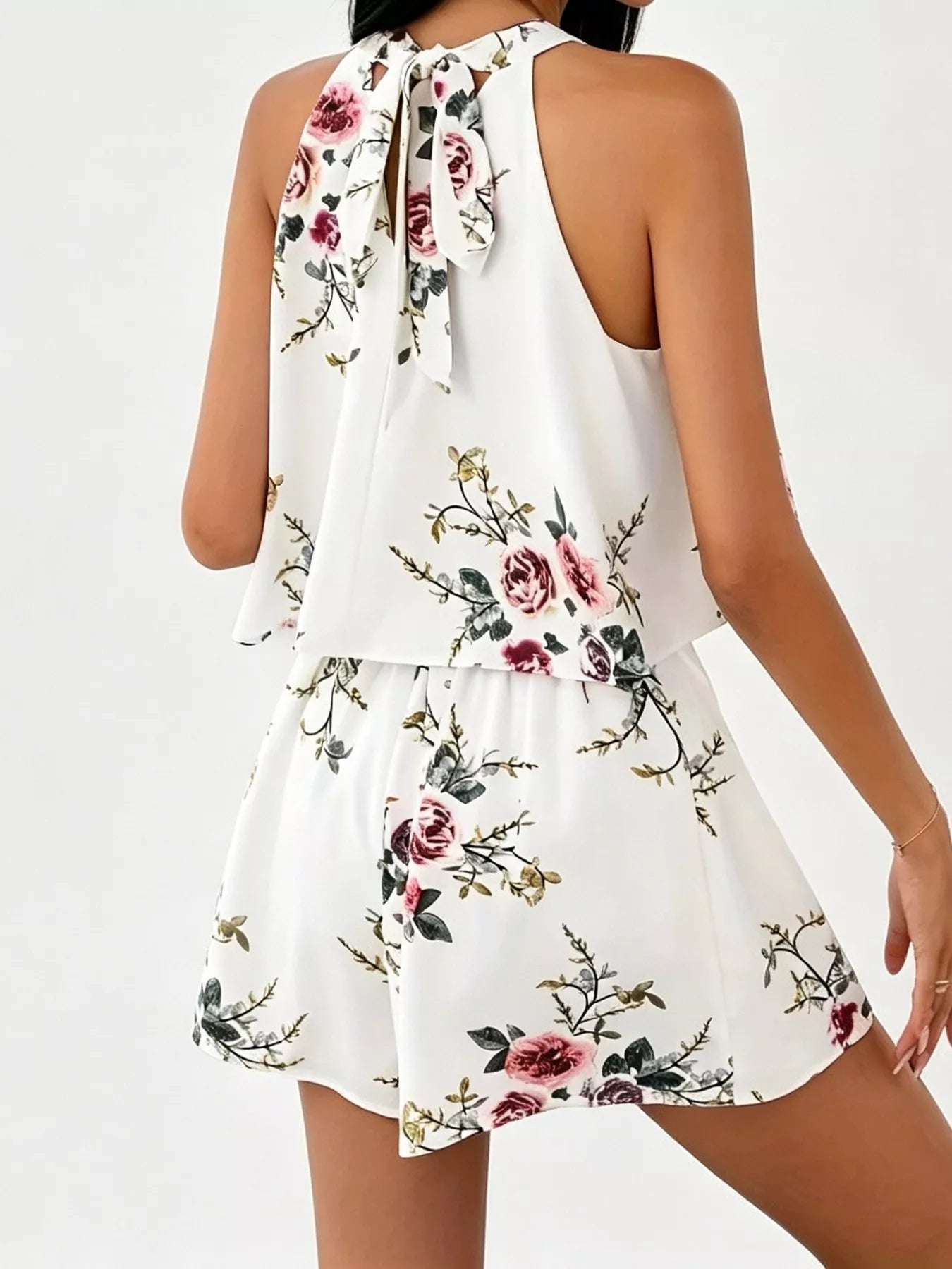 Trendsi Full Size Floral Print Halter Neck Tank Top and Pleated Shorts Set Plus Size -