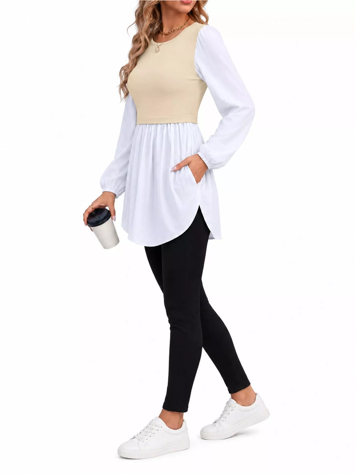 Contrast Panel Long Sleeve Tunic Blouse — side view