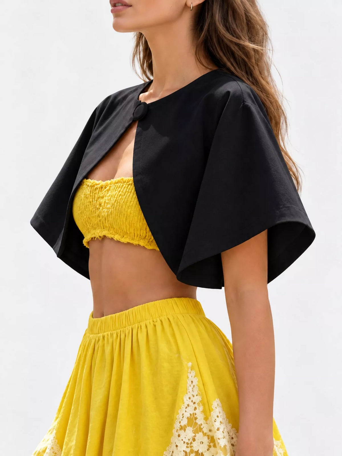 Black single button closure cropped cape