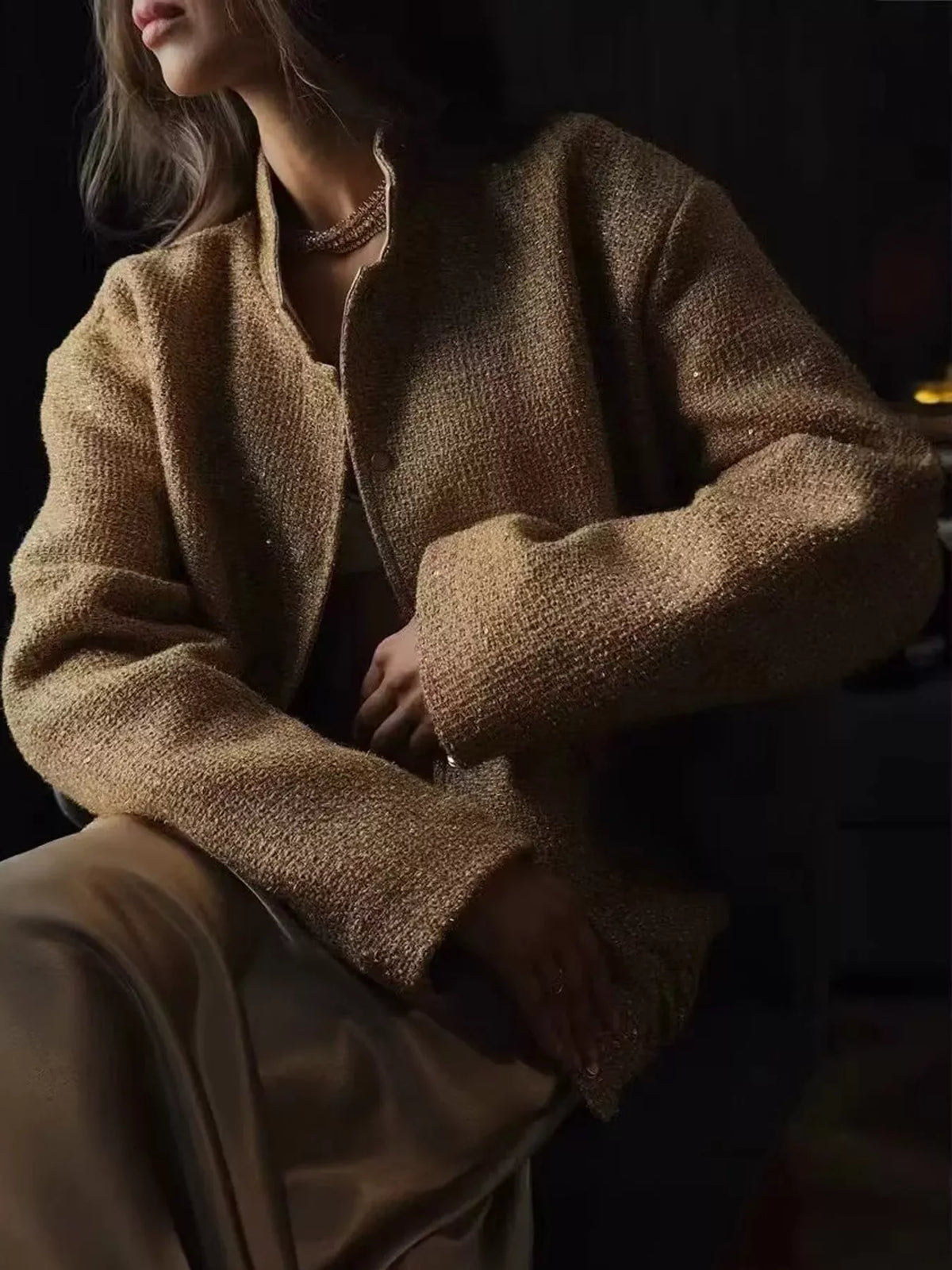 Gold tweed bomber jacket with front pockets
