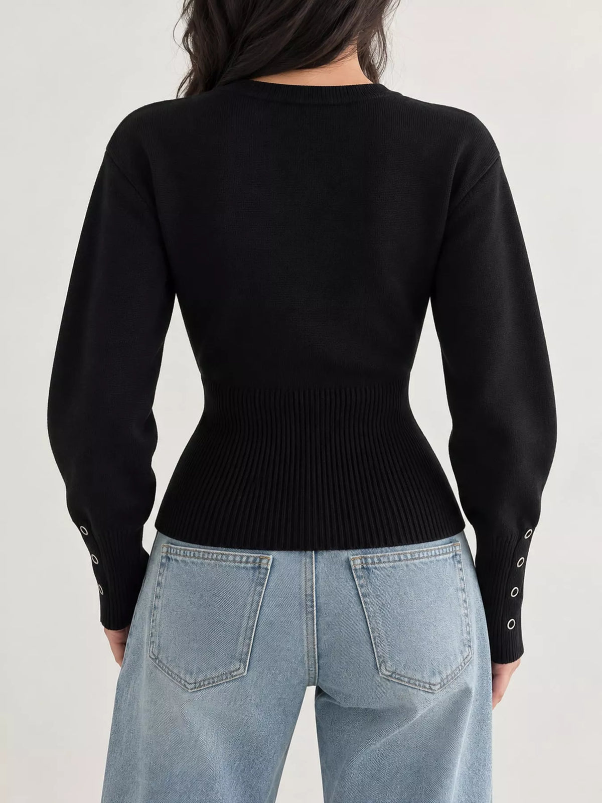 Black button up ribbed waist cardigan, back view