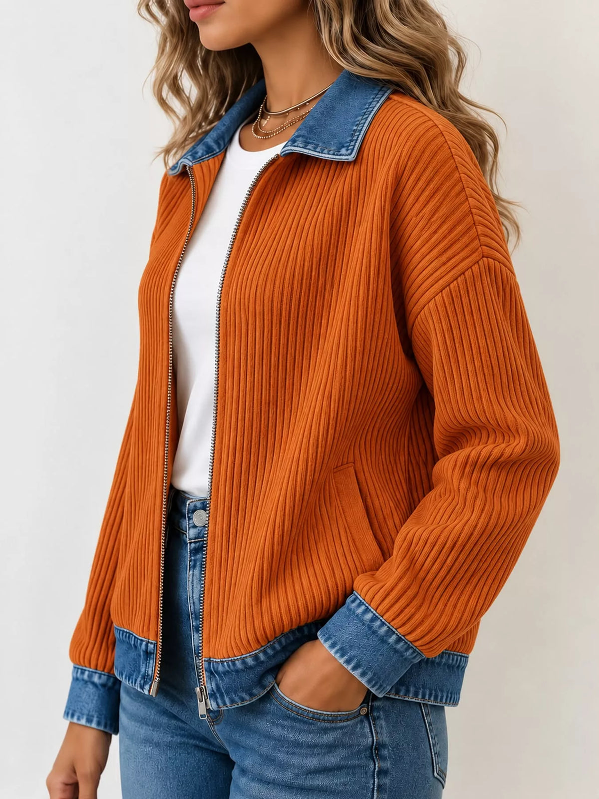 Orange denim-collar ribbed knit zip-up jacket — side view