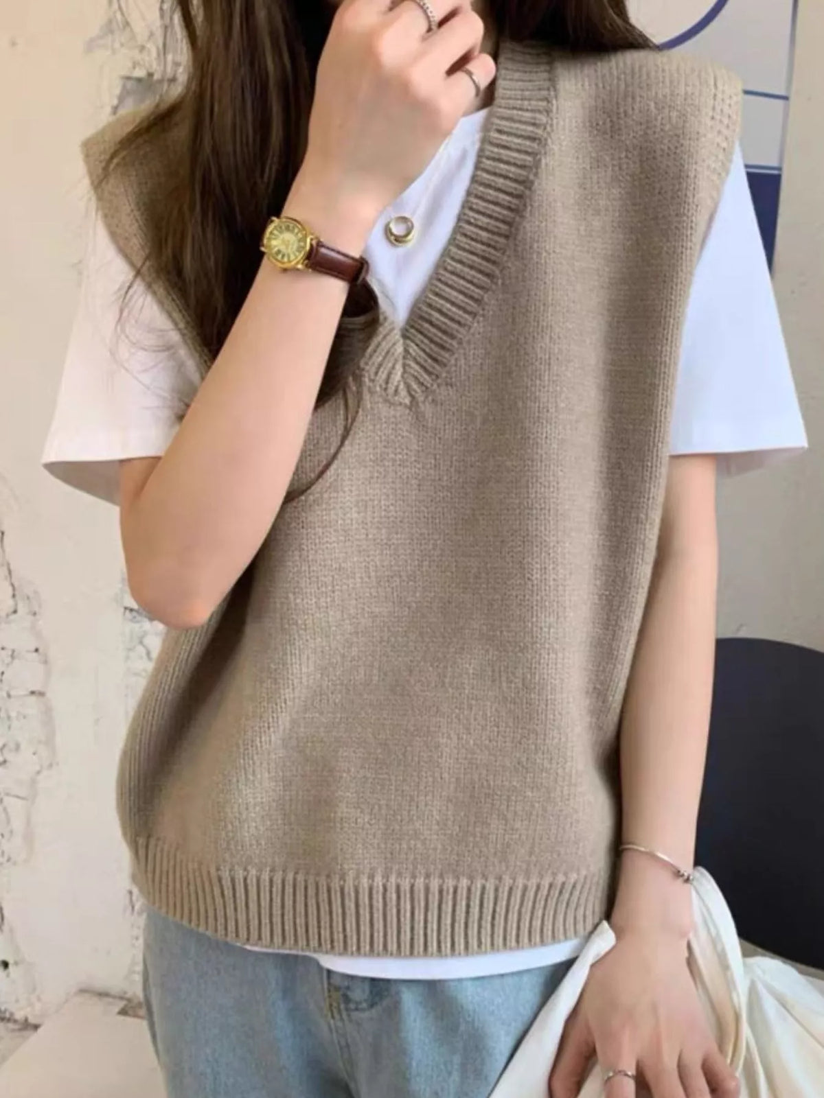 Camel v-neck knit sweater vest