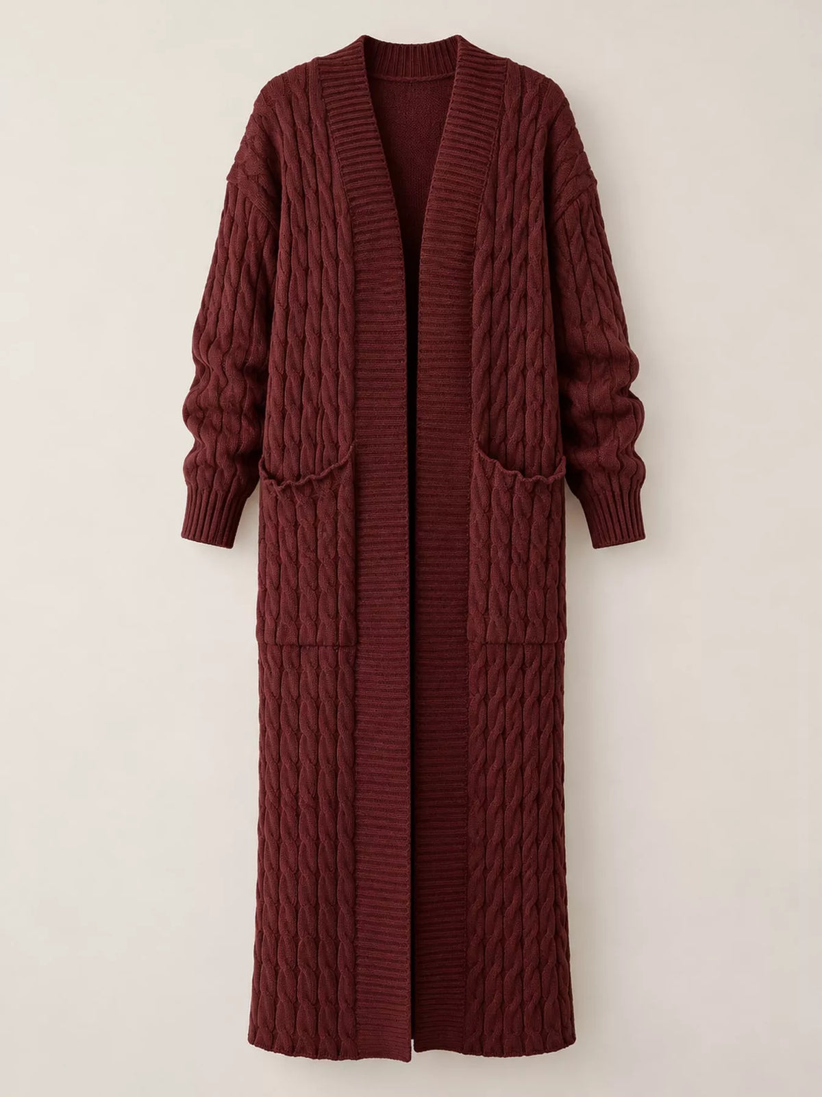Coffee cable-knit longline open-front cardigan, back view