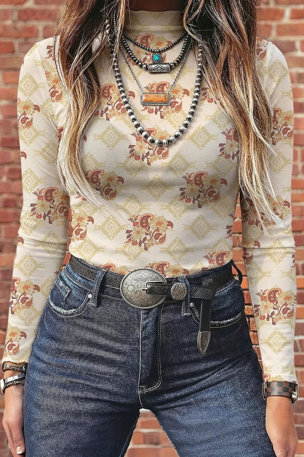 Pastel Yellow Floral Print Mock Neck Long Sleeve Slim Fit Top front view