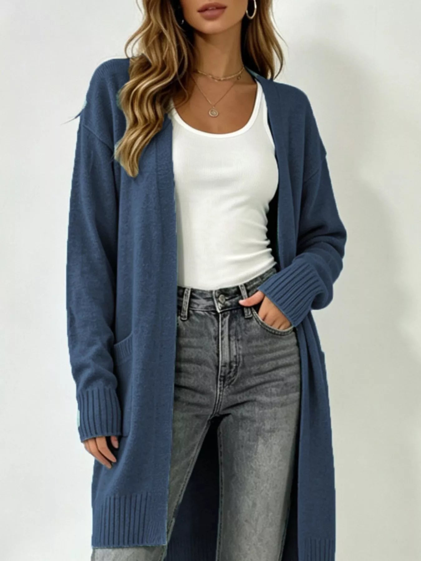 Trendsi Full Size Open-Front Longline Knit Cardigan Plus Size -